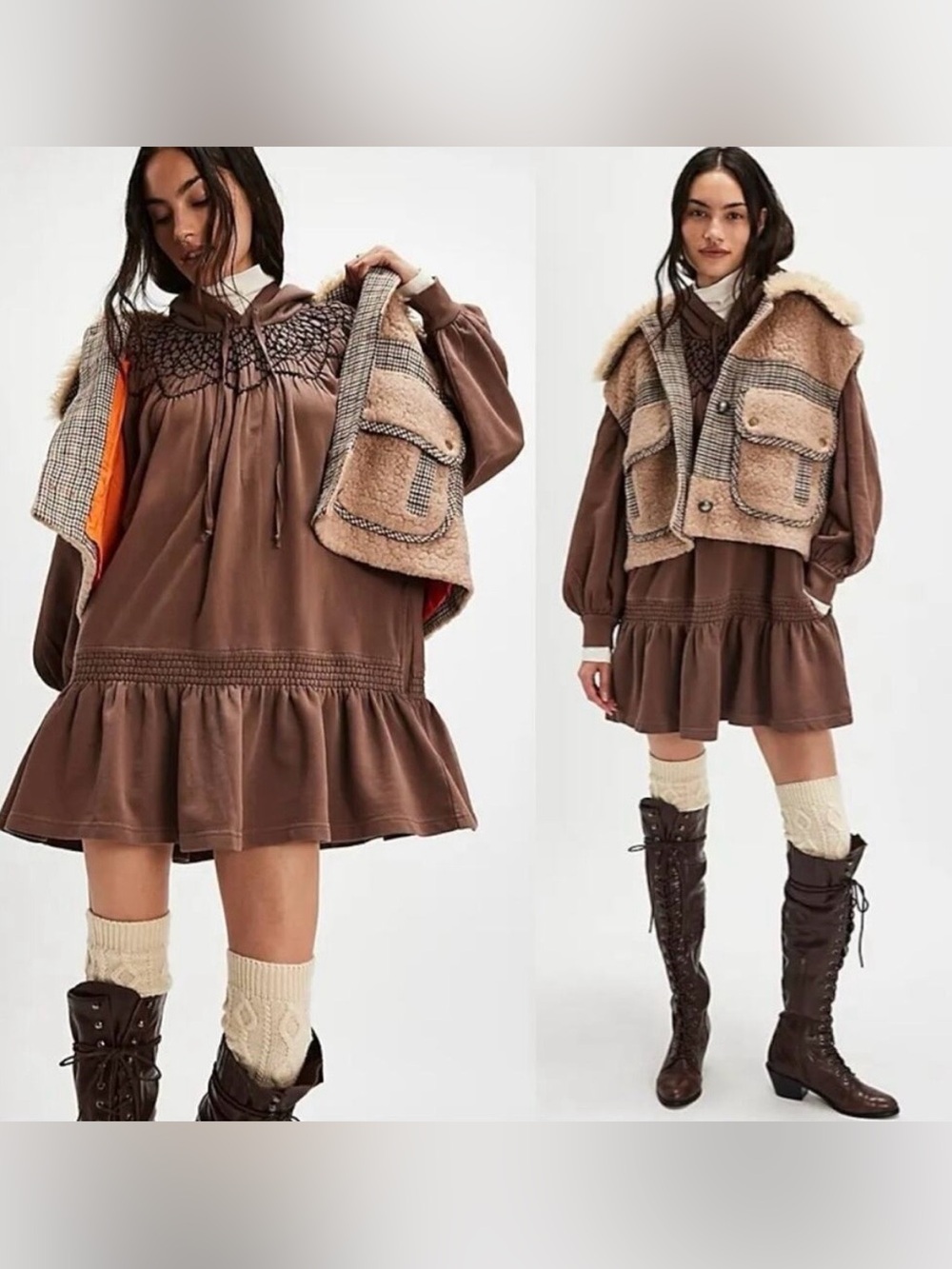 Free People Marty Smocked Hooded Mini Dress Size Large - Picture 6 of 11